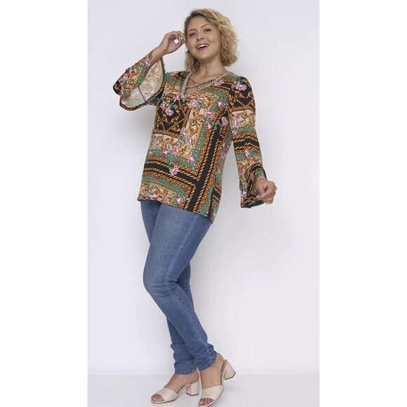 NWT Purple Rain bellsleeve Floral Print Sequin Beaded Neckline Boho Chic Tunic3X - Picture 2 of 6